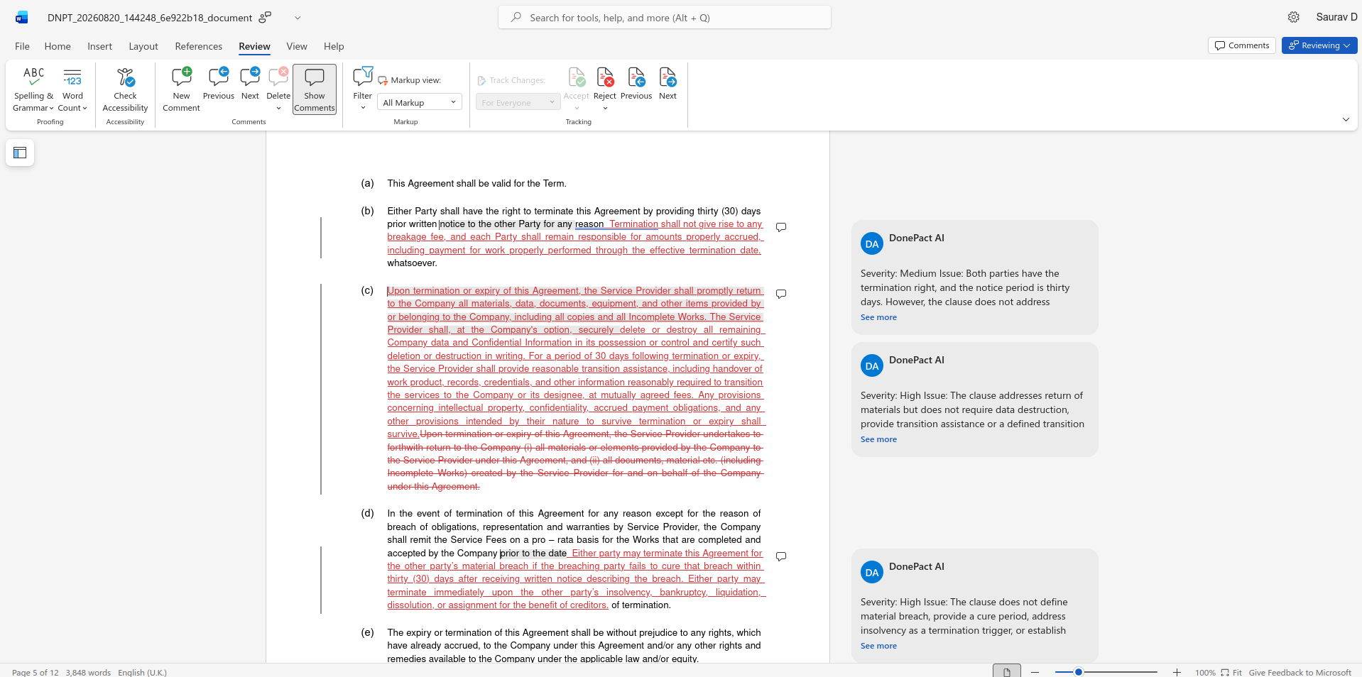 Review guides available in the DonePact AI panel inside Microsoft Word